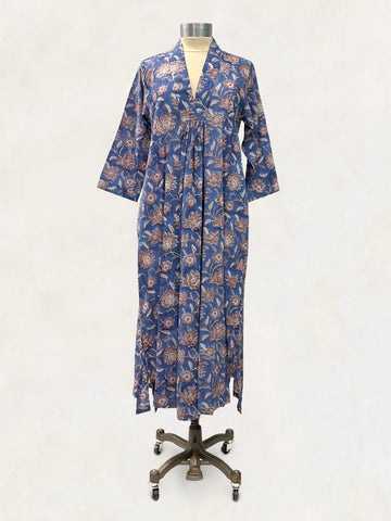 Pooja Dress, Muted Blue Brown Floral
