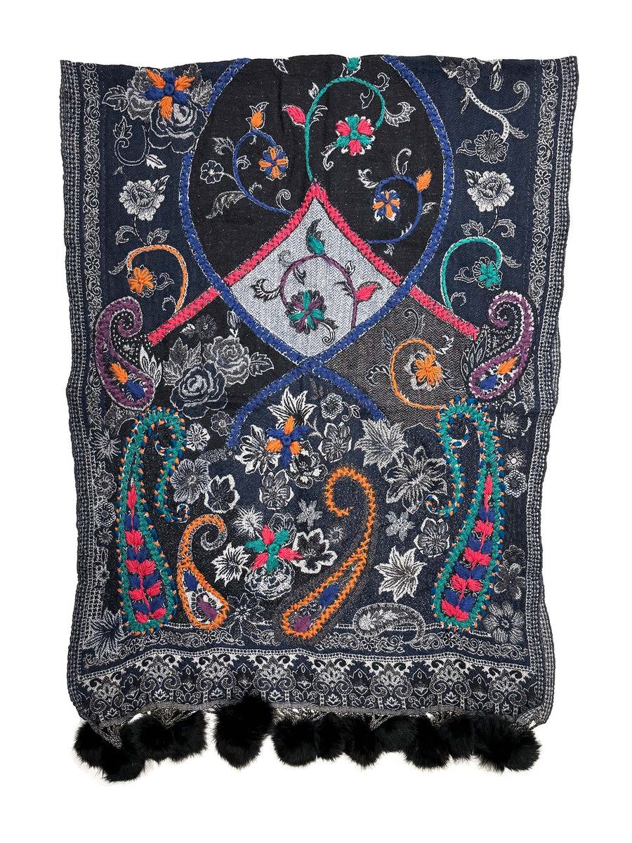 Boiled Wool Embroidered Stole with Fox Trim, No. 23