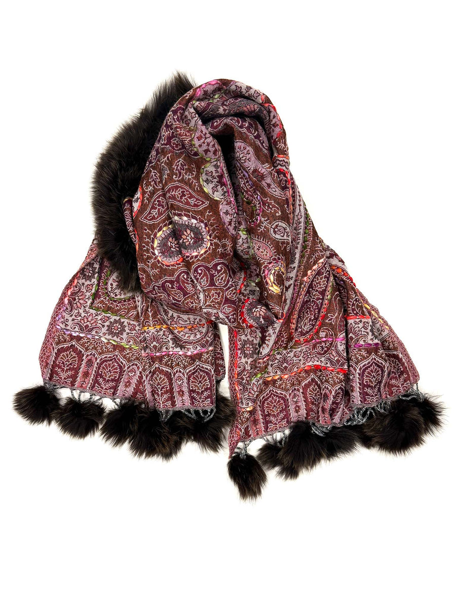 Boiled Wool Embroidered Stole with Fox Trim, No. 25