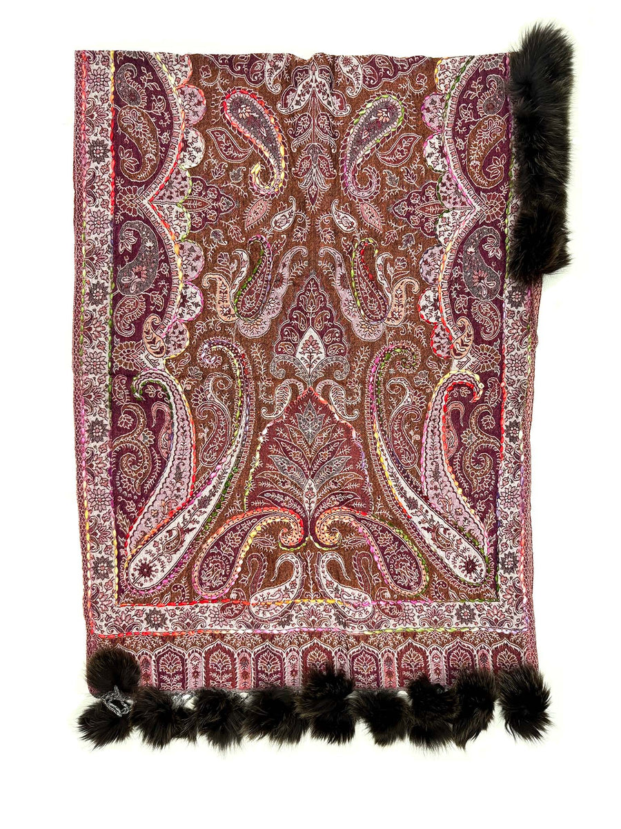 Boiled Wool Embroidered Stole with Fox Trim, No. 25