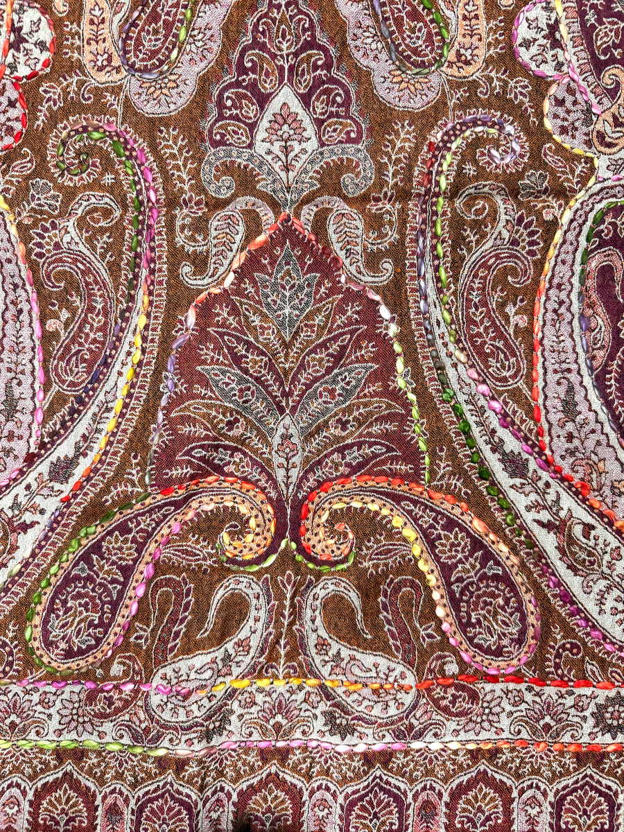 Boiled Wool Embroidered Stole with Fox Trim, No. 25