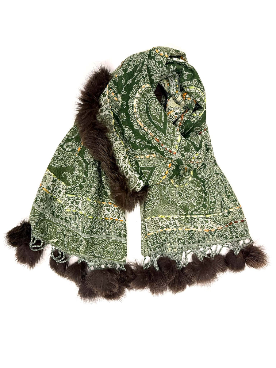 Boiled Wool Embroidered Stole with Fox Trim, No. 26