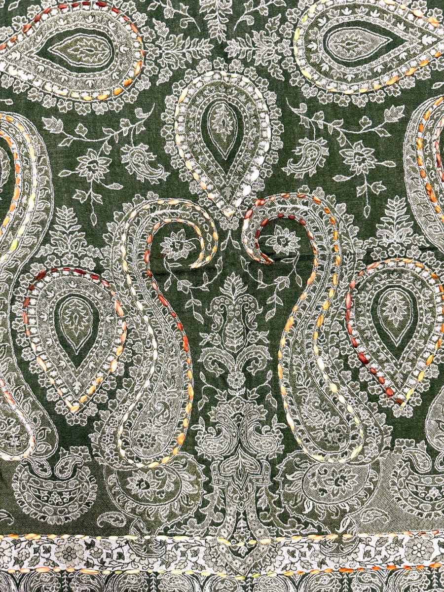 Boiled Wool Embroidered Stole with Fox Trim, No. 26