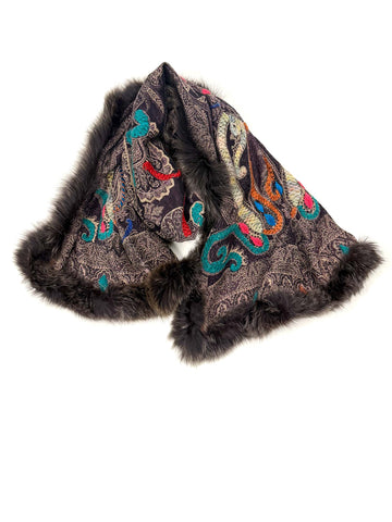 Boiled Wool Embroidered Stole with Fox Trim, No. 27
