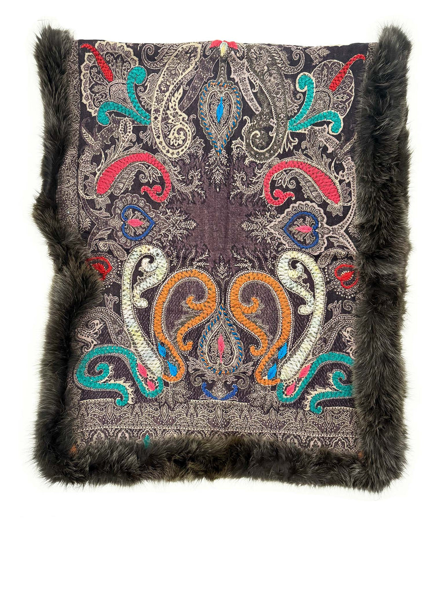 Boiled Wool Embroidered Stole with Fox Trim, No. 27