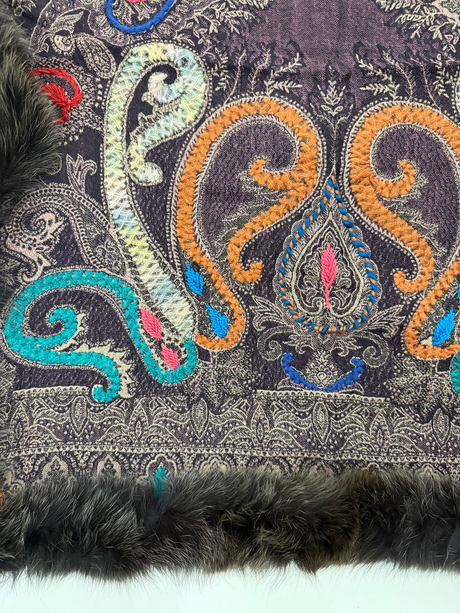 Boiled Wool Embroidered Stole with Fox Trim, No. 27