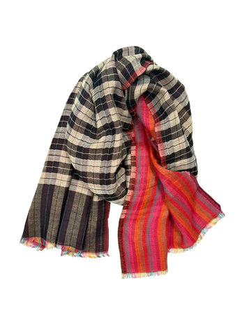 Plaid patterned scarf with a colorful fringe on a white background